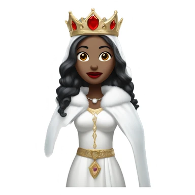 woman with pale skin and sharp facial features and bright red lips. She has black hair, and she wears a crown made of icicles. Dressed in white icy robes with fur accents” sticker