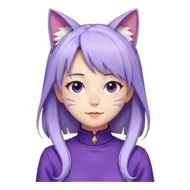 female anime character with long white and periwinkle hair and cat ears on her head. She is wearing a purple outfit with a high neckline and long sleeves.  sticker