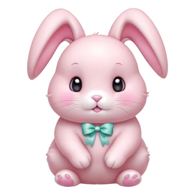 Cinematic adorable pastel pink bunny, chubby cheeks, tiny paws, sparkling round eyes, soft fur with a gentle glow, slightly tilted head, wearing a tiny bow, irresistibly cute and heartwarming. sticker
