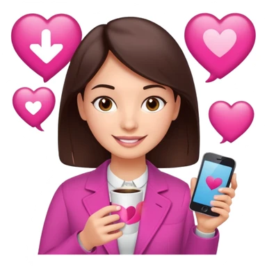 Social media manager. She has dark brown hair, brown eyes, a friendly smile. She is holding a smartphone and a coffee cup. Include subtle marketing elements like small icons of hashtags or a speech bubble with a heart. Use vibrant colors with a focus on pink and fuchsia tones. sticker