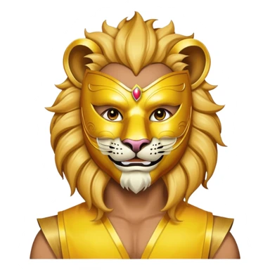 a man, with a Yellow vest,  wear half-face golden Lion masquerade mask sticker