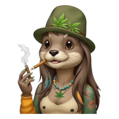 a female otter with long hair smoking a joint surrounded by marijuana fumes. a bit california hippy vibe, with tattoos and piercing sticker