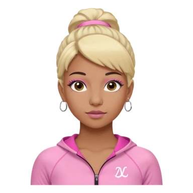 crée moi une jeune adulte brownskin au yeux brider marron foncer et une perruque blonde avec des baby hairs , un ensemble lululemone rose percing au nez et les oreilles remplis un petit full face de londonniennes des gros faux cils bien charger  sticker