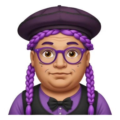 very tattoed face, normal glassess, fat venice gondolier with iconic hat and purple thick braided hair sticker