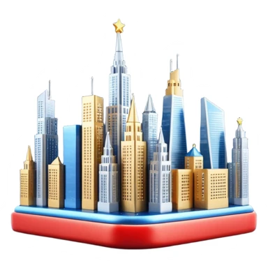 3D emoji of Moscow City business district skyline. A cluster of stylized skyscrapers with different shapes (gold, blue, silver). Decorated with tiny glowing Christmas lights. Soft 3D render, clay and glass textures, Apple aesthetic, isolated on a white background. sticker