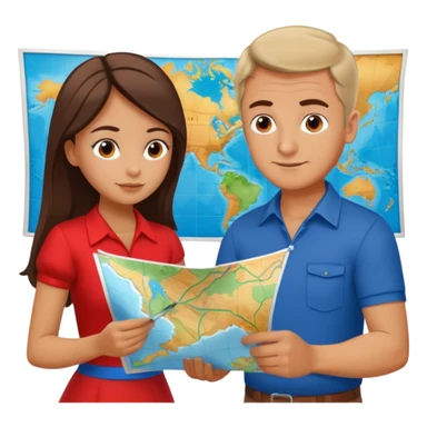 Russian man and elegant turkish girl in cute outfits with a map planning plants sticker