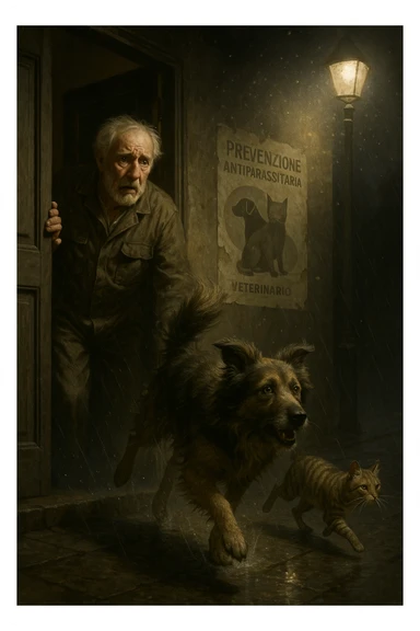Un uomo anziano in tuta da lavoro, con espressione angosciata, tiene aperta la porta di casa mentre il suo cane (un meticcio a pelo lungo) e il gatto (soriano) scappano nella strada buia sotto la pioggia. Particelle di polvere/pulci fluttuano nell'aria illuminata dal lampione. Sullo sfondo, un poster strappato del veterinario con scritto 'Prevenzione antiparassitaria'. Stile fotorealistico, illuminazione Caravaggesca, toni grigi e ocra. in italiano sticker