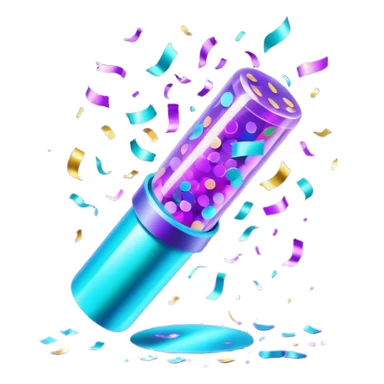 Futuristic glowing confetti popper emoji, holographic purple and cyan colors, emitting confetti and sparkles, dark background, vibrant celebration atmosphere, no face. sticker