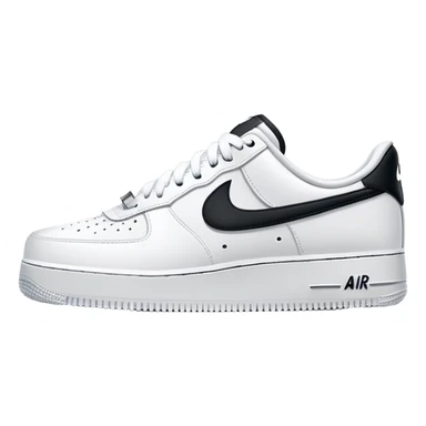 A pair of white Nike Air Force 1 sneakers side by side with Nike swoosh sticker