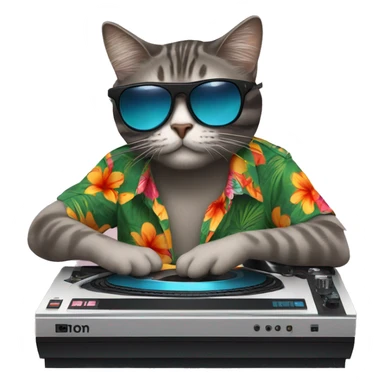 DJ turntable, with a cat with sunglasses and hawaii shirt sticker