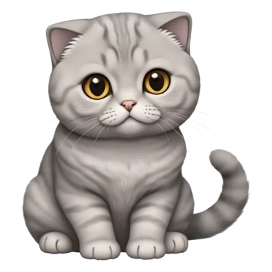 Cinematic-Scottish-Fold-Cat-Realistic-Full-Body-Sitting-Emoji – Tail curled playfully around its paws, head tilted dramatically, thick and plush solid-grey fur, signature folded ears resting gently against its round head, simplified yet realistic focused features, highly detailed, glowing with an almost sarcastic glow, deep amber eyes radiating quiet wisdom and charm. sticker