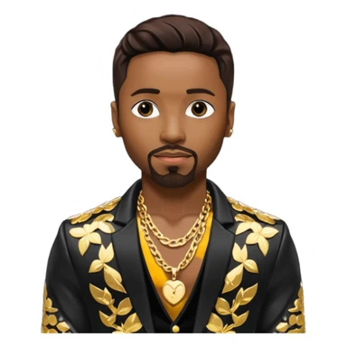 Teddy Riley with dark brown hair, black sequin jacket, shirtless with necklace  sticker