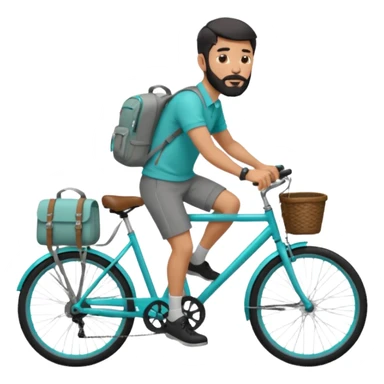 a man with a grey backpack and a torquoise byciycl and he has black shot=rt man hair and a beard with a polo grey shirt and dress pants and hes riding it sticker