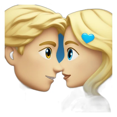 A blond boy with blue eyes who kisses a pretty blonde girl with blues eyes,  with a heart above their heads  sticker
