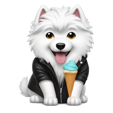 Samoyed dog eating ice cream wearing black leather jacket  sticker