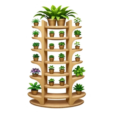Very Large alien-futuristic multi-tier multi-level curved plant rack, which holds thirty-five plants, constructed from plywood sticker