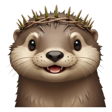 really cute smiling joyful otter face in three-quarter profile view with simple thorny stem wrapped horizontally around its forehead like Jesus Christ's Crown of thorns, no crown shape on top, just thin spiky branches circling the forehead sticker