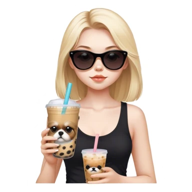 Blonde girl with pale skin and long hair with black cat eye sunglasses in black tank top and boba tea and tan Shih Tzu  sticker