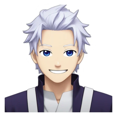Satoru Gojo with his blue eyes,long medium white hair, a big friendly smile, dark violet uniform from jujutsu kaisen sticker