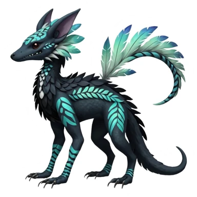 Rare realistic tribal patterned whitish pastel colorful iridescent shiny glossy feathery epic handsome gorgeous aesthetic black-skulled Vernid-Trico-Sergal-Salandit-Nargacuga-species-Fakemon-creature by LiLaiRa, 4 legs, 1 tail, random markings, (full body) long ears sticker