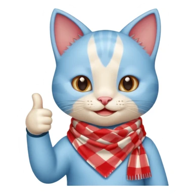 A Baby Blue Cat smiling and giving thumbs up, wearing red Checkered Triangle scarf sticker