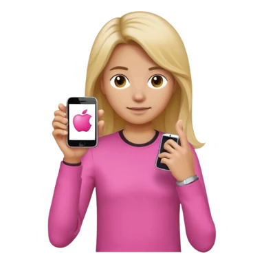 person wearing a pink long sleeve shirt, loose hair, wearing a watch on the arm, holding a cellphone in hand, apple emoji style sticker