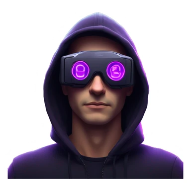 Russian man wearing a black hoodie with "OMG" letters on it and VR headset in a cyberpunk VR environment with violet neon lighting. sticker