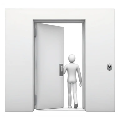 minimalistic icon of a white human figure walking through an open outlined door, viewed from the front, door with visible doorknob, solid green background, flat simple clean lines, high contrast sticker