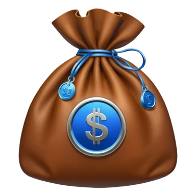 brown money bag with a blue coin  sticker