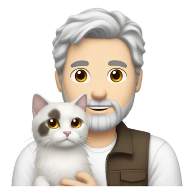 White men with mix of dark brown and grey hair and beard holding white ragdoll cat sticker