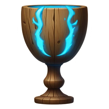 A magical goblet, large and imposing, made of aged wood with a smooth surface. It emits a bright blue glow, with magical flames dancing inside, symbolizing its power and mystery. sticker