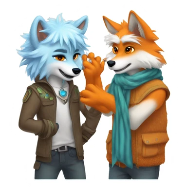 Male wolf furry getting patted on the head by a Male lizard-fox hybrid furry with orange fur interspersed with shimmering orange scales, lizard nose, icy blue eyes, white emo Hair sticker