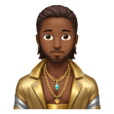 Omarion with long dark brown hair, shirtless with necklace, metallic bronze jacket sticker
