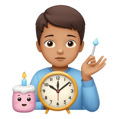 Emoji-style marshmallow test, child choosing between 1 marshmallow now and 2 later, clock above showing 15 minutes, cute lighting and pastel colors sticker