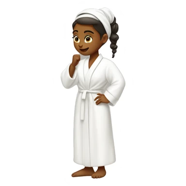 girl with hair up and white headband pushing back hair in a white robe putting on skincare sticker