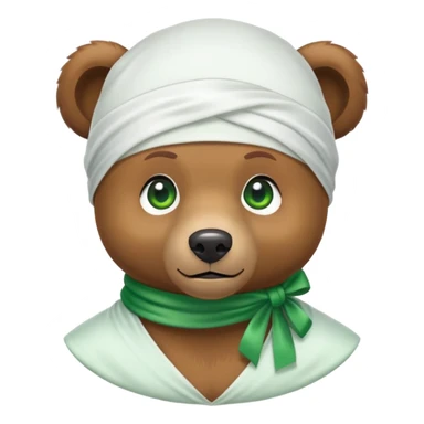 Adorable small brown bear face with green eyes wearing a white silk durag tied at the back, urban style, iOS emoji style sticker