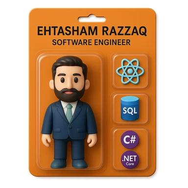 Create a realistic collectible action figure toy of the person in the photo, packaged in a strong orange carded blister box. The figure is inside its own blister. Next to the figure, include four separate equipment items, each in its own individual blister: 1) a React logo, 2) a SQL logo, 3) a C# logo, 4) a .NET Core logo. Do not repeat any equipment. On top of the box, write 'Ehtasham Razzaq' and underneath it, 'Software Engineer'. All items must be inside blisters. Visualize this in a realistic, collectible action figure style. sticker
