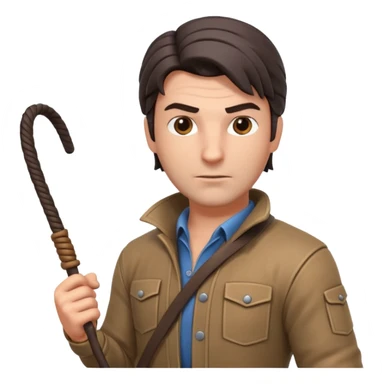 man with a whip portrait, head and shoulders only, whip coiled on shoulder, rugged outfit, confident look, 3D cartoon, mobile game icon style, clean background, no text, no watermark
 sticker