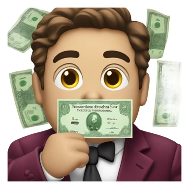 fat guy in dark red velvet suit holding cheque sticker