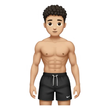 Ripped, athletic man with thick neck, high top fade with no part, curly hair only top only, no shirt and show waistline up, white male, black shorts and more man face sticker