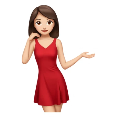Cartoon emoji of a young brunette woman with fair-medium skin, brown eyes, wearing a red outfit. Full-height, standing confidently in a red dress  posing sexy with a smile and relaxed posture. Smooth, friendly, stylized, make up on, flirty eyes and smile in a sexy position touching hair sticker
