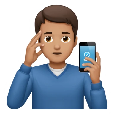 a guy holding 1 smartphone with both hands, smarphone should be horizontal, on top of his forehead sticker