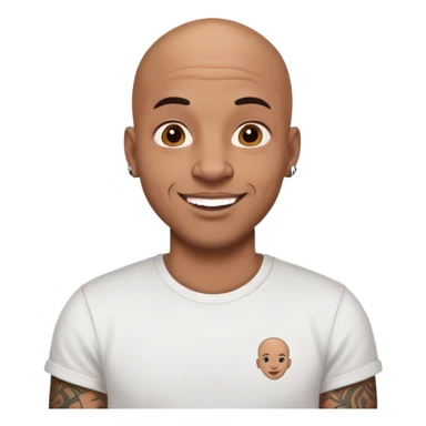 bald black man with intricate face tattoos, cheerful expression, wearing a t-shirt sticker