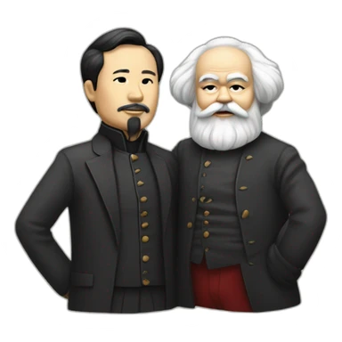 Li Hongzhi and Karl Marx, two human mentors, arm in arm，team up，rub shoulders, hooking up sticker
