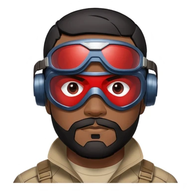 sam wilson with  short, neatly cropped black hair and a well-groomed beard that connects to his mustache,  wear sleek, red-tinted tactical goggles fit snugly from captain america: civil war sticker