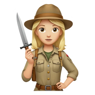 Blonde female wilderness explorer Melissa Backwoods holding a survival knife sticker