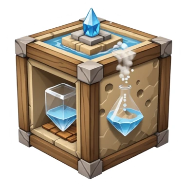 crafting table with tools, stone, wood, glass, sand, steam, water... like a minecraft style cube crafting table 100% like a minecraft table crafting, with on the right, left, a glass showing crafting merging between stone and wood sticker