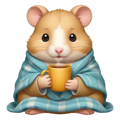 Cute cartoon-style hamster wrapped in a cozy blanket, holding a cup of tea, relaxed expression. Painterly shading, white background, sticker-style illustration sticker