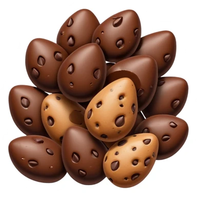 handful of chocolate chips, semi-sweet, irregular arrangement, teardrop shape, glossy surface, dark brown, rounded point, 3D-rendered, minimal, no faces sticker