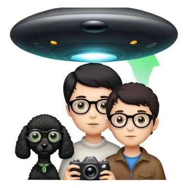 A little boy with straight black medium-length hair, white skin, and black eyes wearing black-framed glasses is taking photos on a UFO with a camera. Beside him, there is an alien and a brown round-headed poodle. sticker